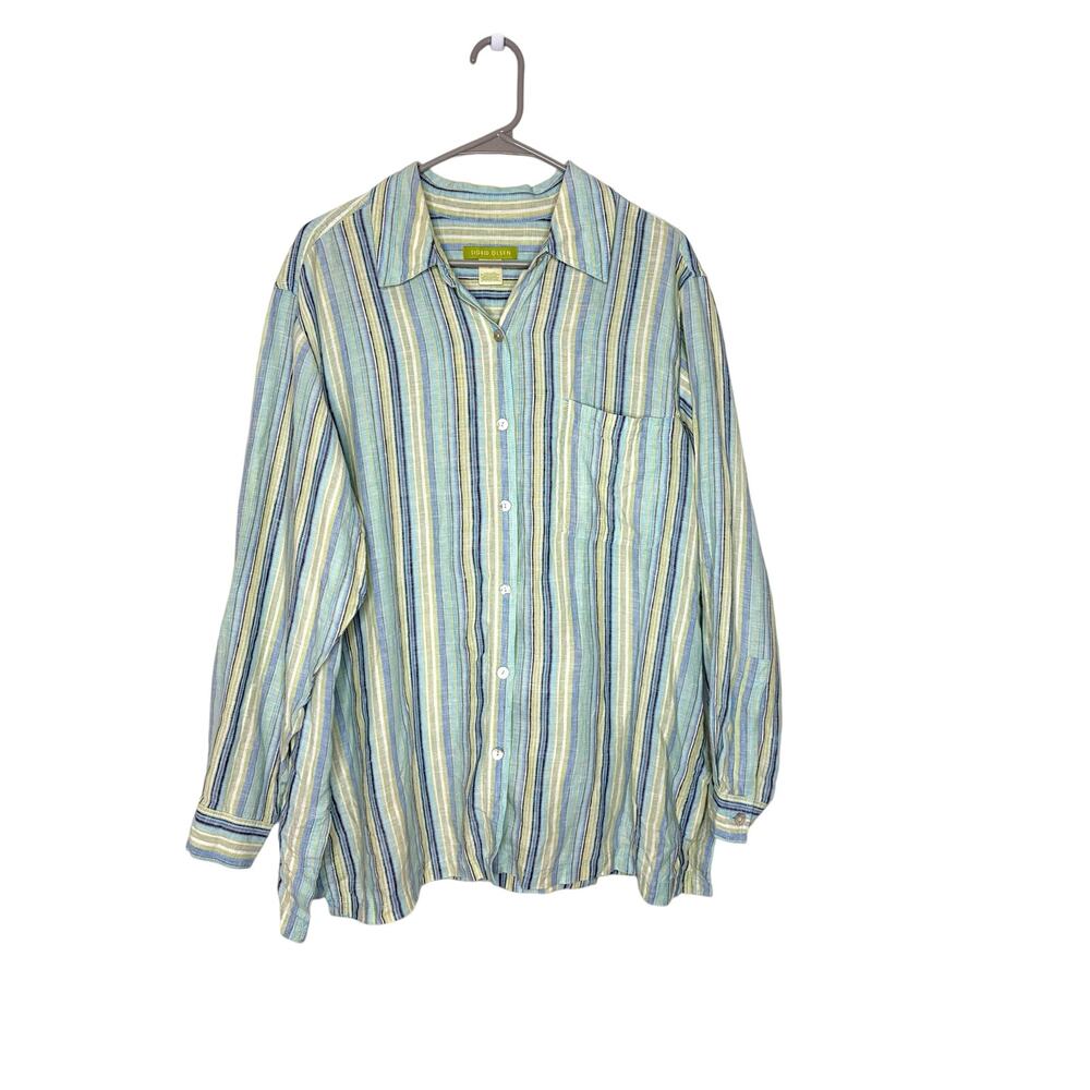 Sigrid Olsen 100% Linen Striped Button Up Shirt Women's 1X Coastal Resort Travel